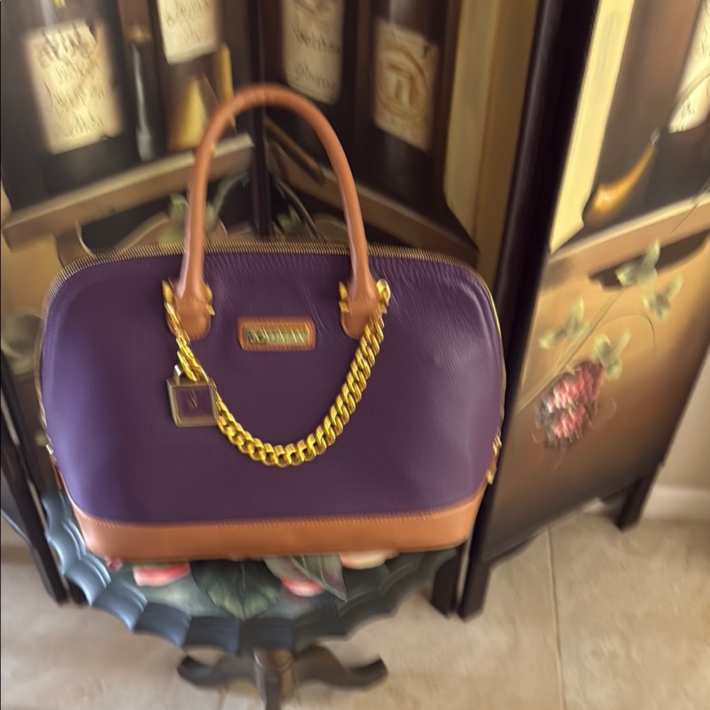 Joy Iman soft leather bag tote purple with gold chain and wristlet